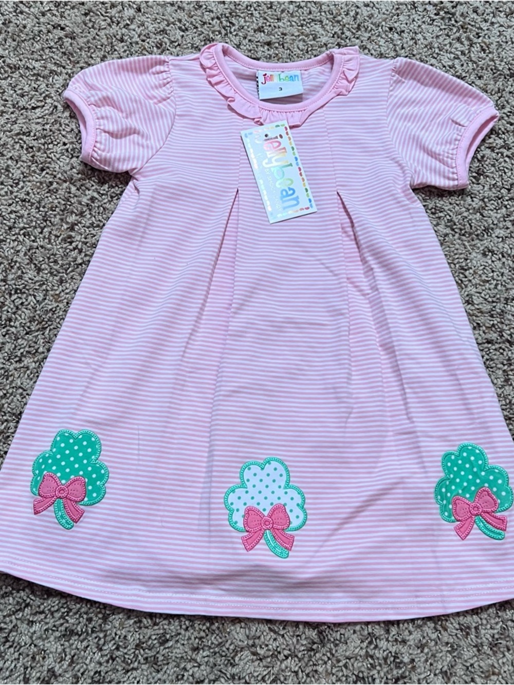 Jellybean Pink Striped Dress with Green Clover and Bow Appliqués Size 3T NWT